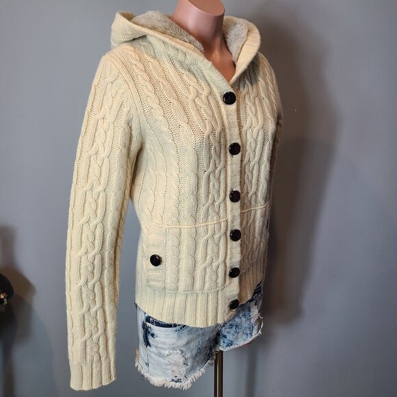 Vtg GAP Sweater Womens Medium Cable Knit Wool Faux Fur Hood Cardigan Chunky Y2K - Picture 4 of 15